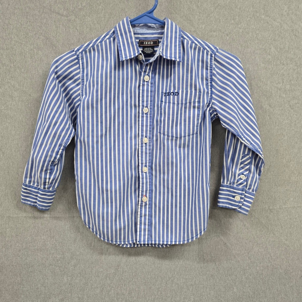 IZOD Long Sleeve Button Down Shirt Boys Blue White Striped Size S4/5 Dress Shirt